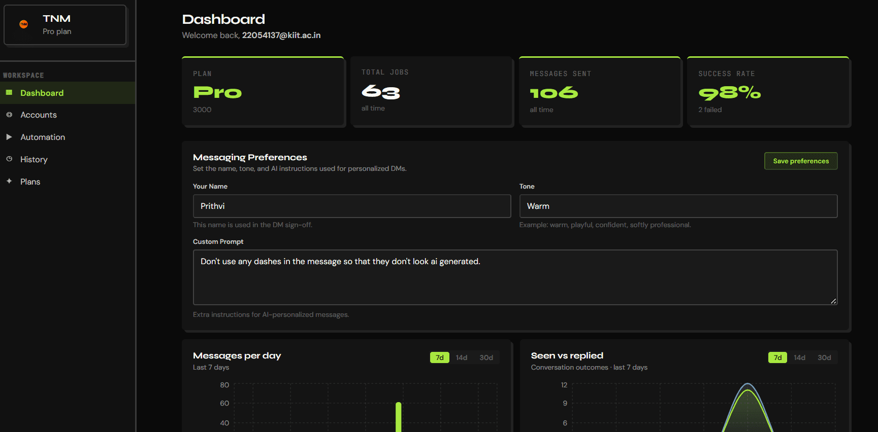 InstaFlow dashboard screenshot